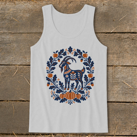 A light gray tank top featuring a folk art illustration of a goat surrounded by leaves, acorns, and pumpkins on a rustic wood background.