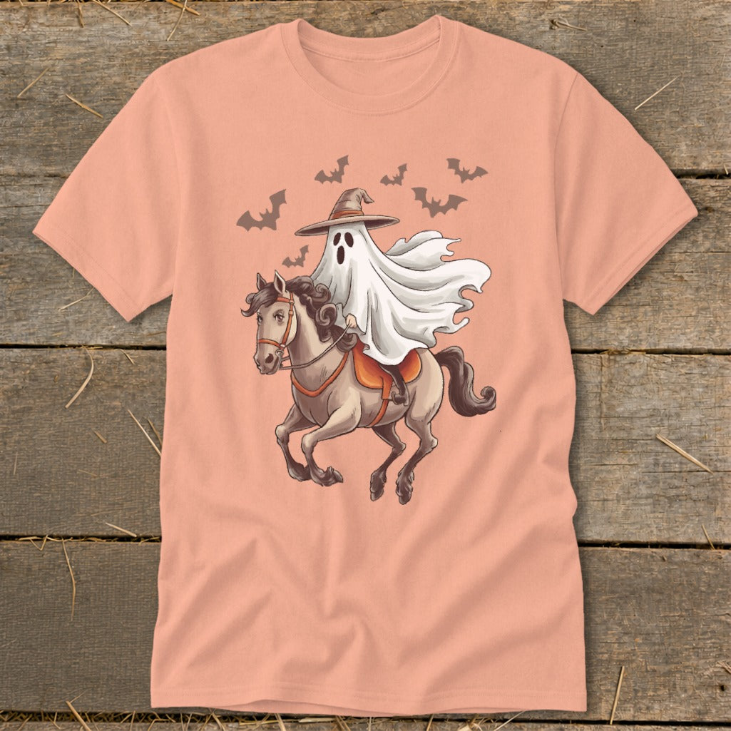Ghost in a witch hat rides a horse with bats flying above.
