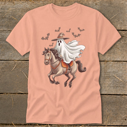 Ghost in a witch hat rides a horse with bats flying above.