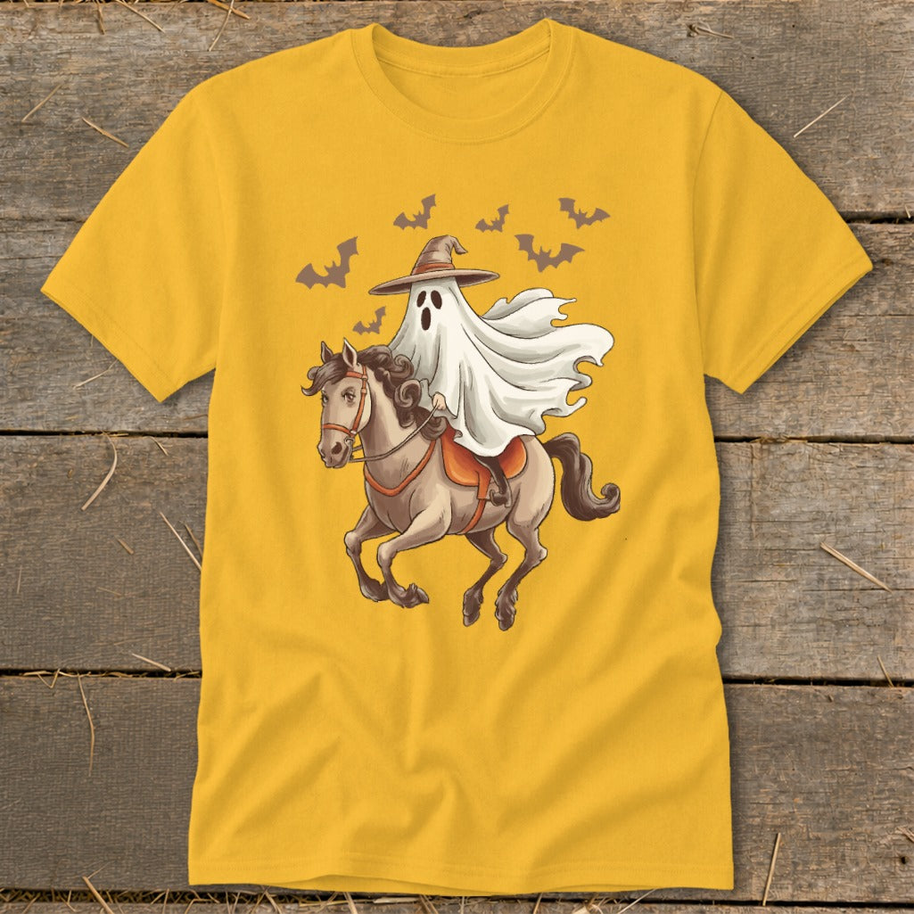 Ghost riding a horse with bats flying in the background.