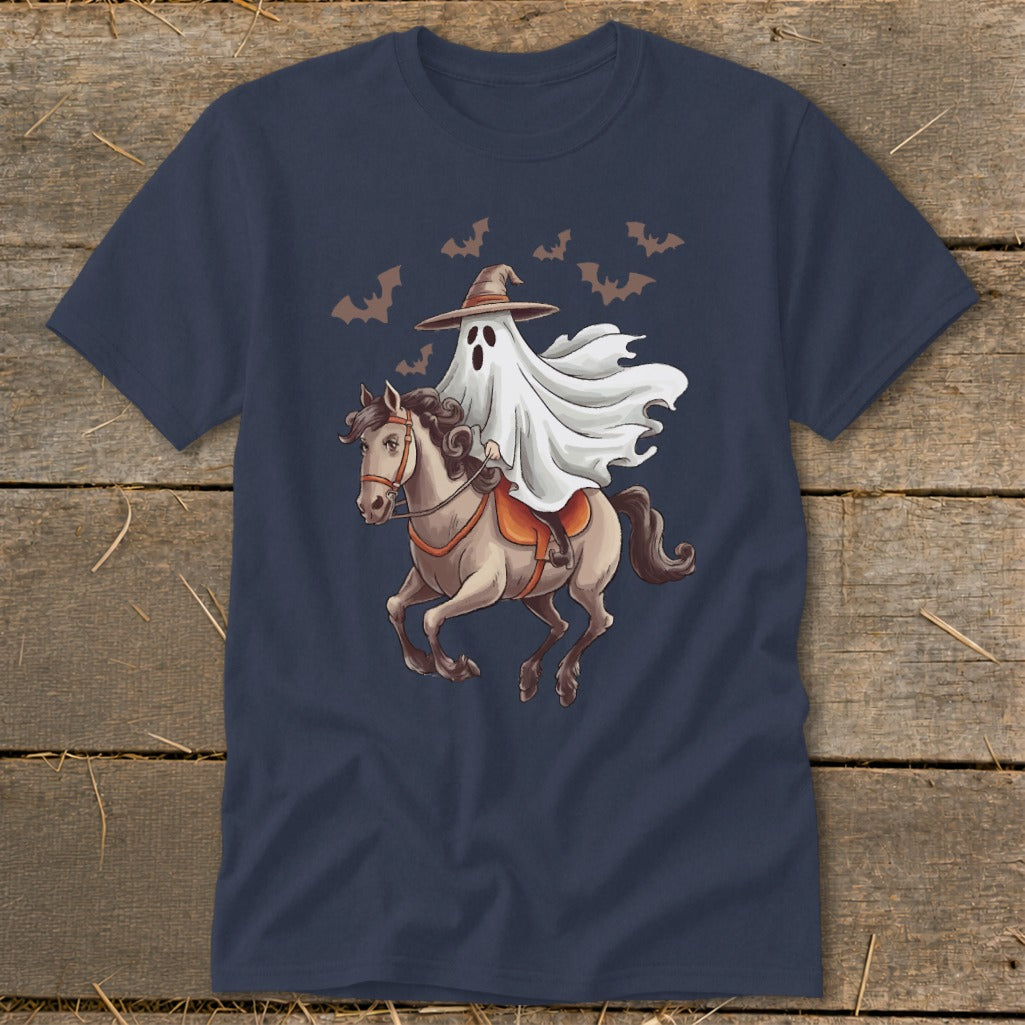 Ghost in a witch hat riding a horse with bats flying overhead.