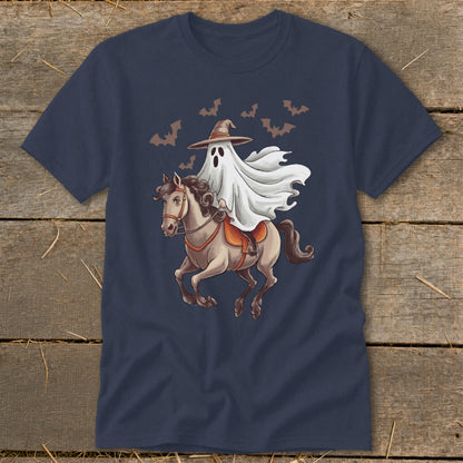 Ghost in a witch hat riding a horse with bats flying overhead.