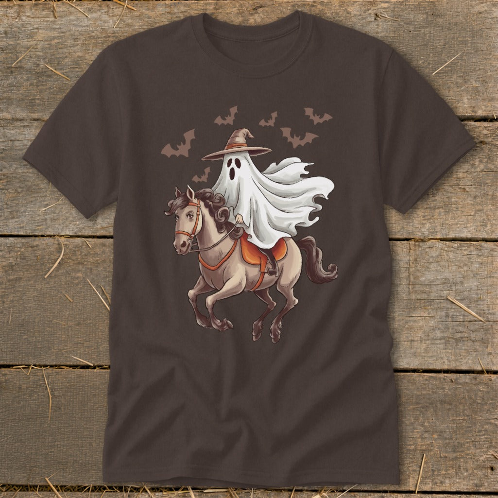 Ghost wearing a witch hat riding a horse with bats flying above.