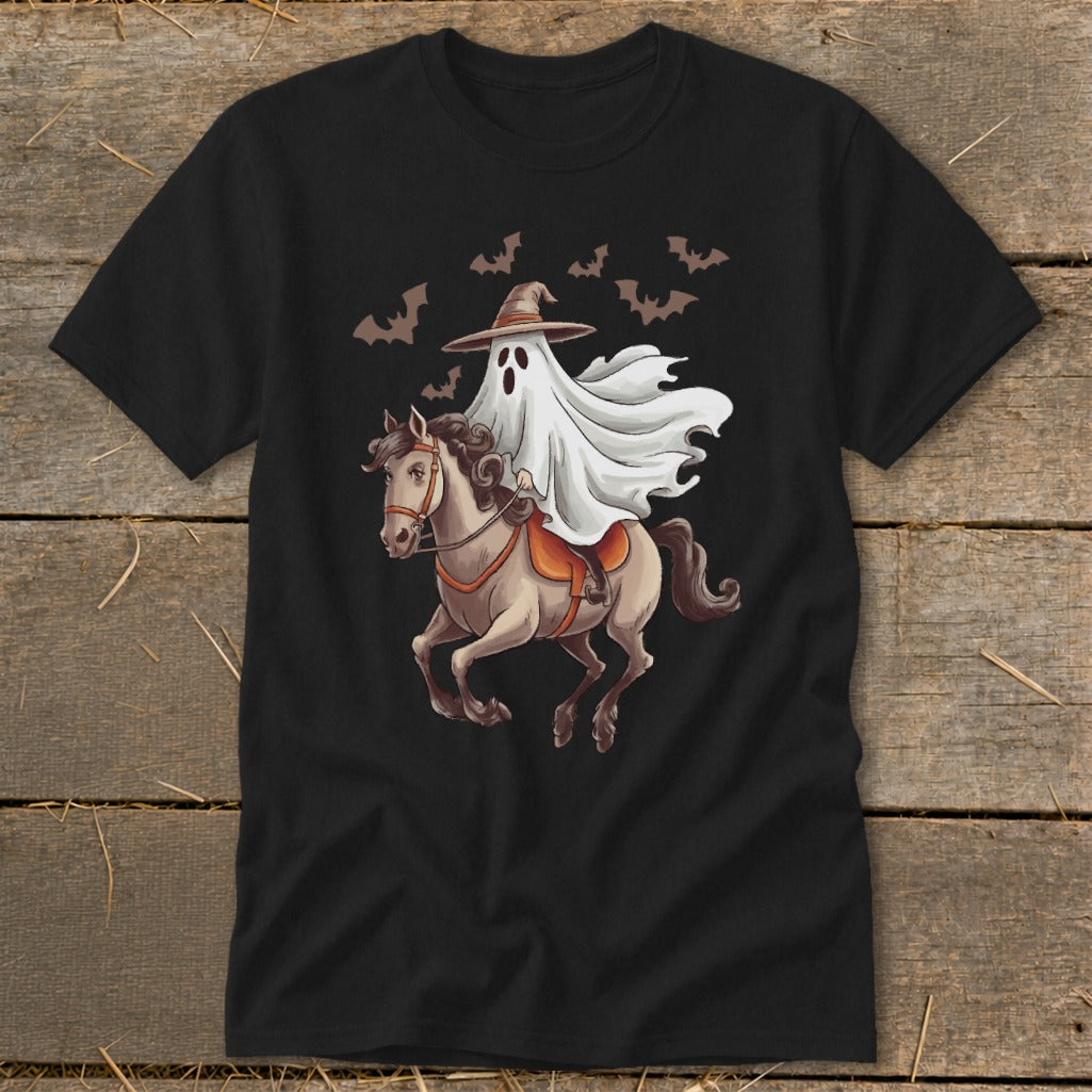 Ghost riding a horse with bats flying in the background.