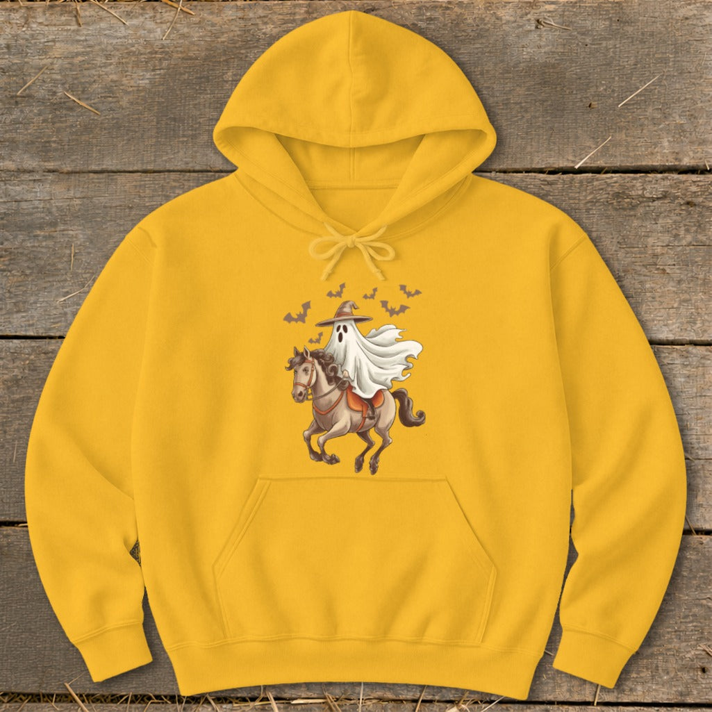 Yellow hoodie with a ghost in a witch hat riding a horse.
