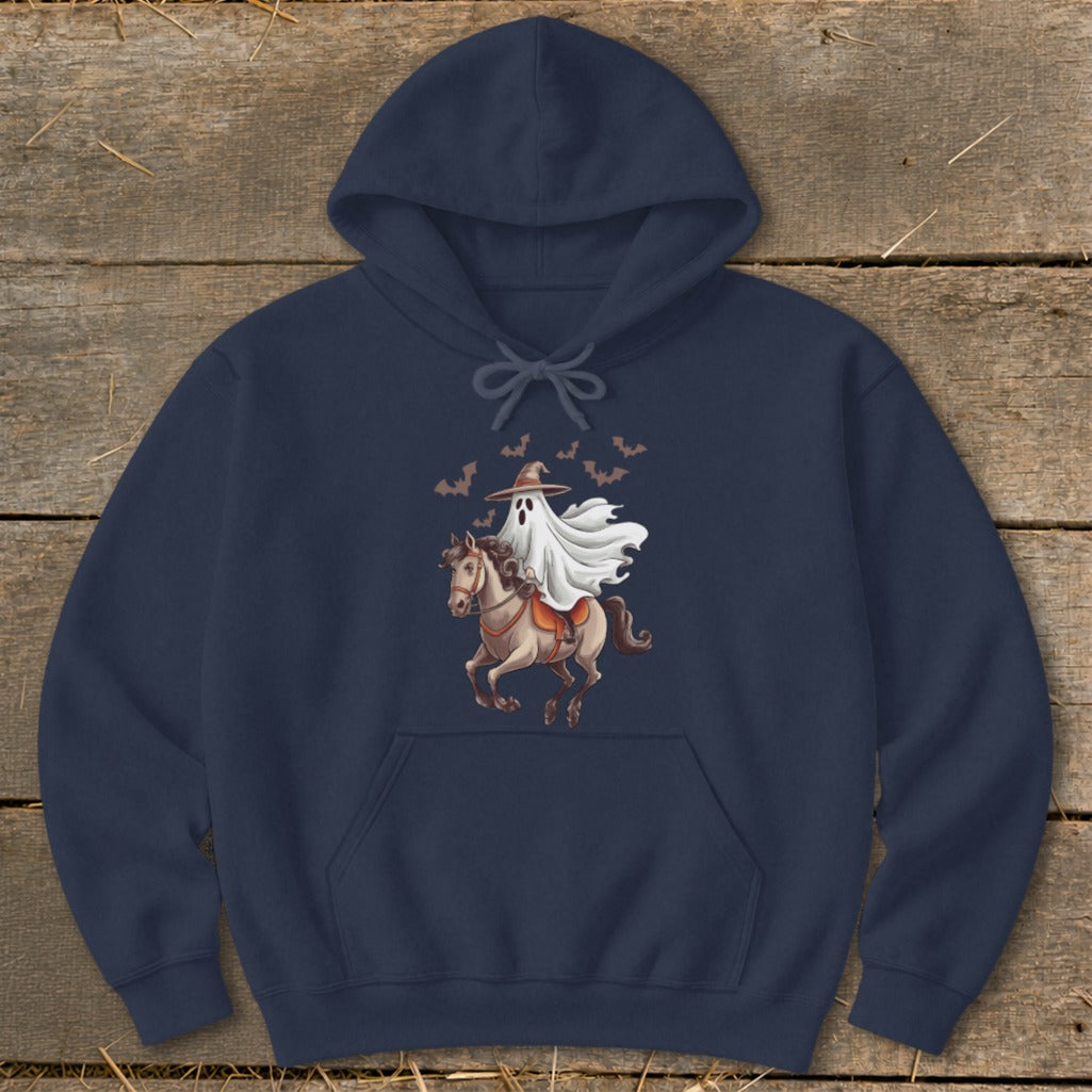 Navy hoodie with ghost riding a horse and bats graphic.