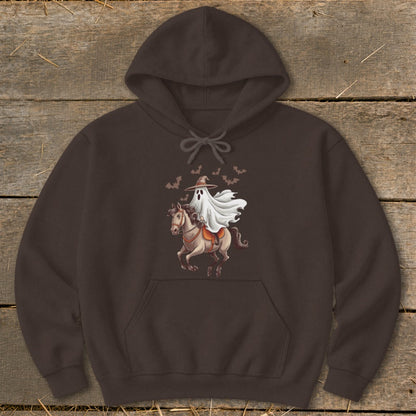 Ghost riding a horse with bats flying around, on a brown hoodie.
