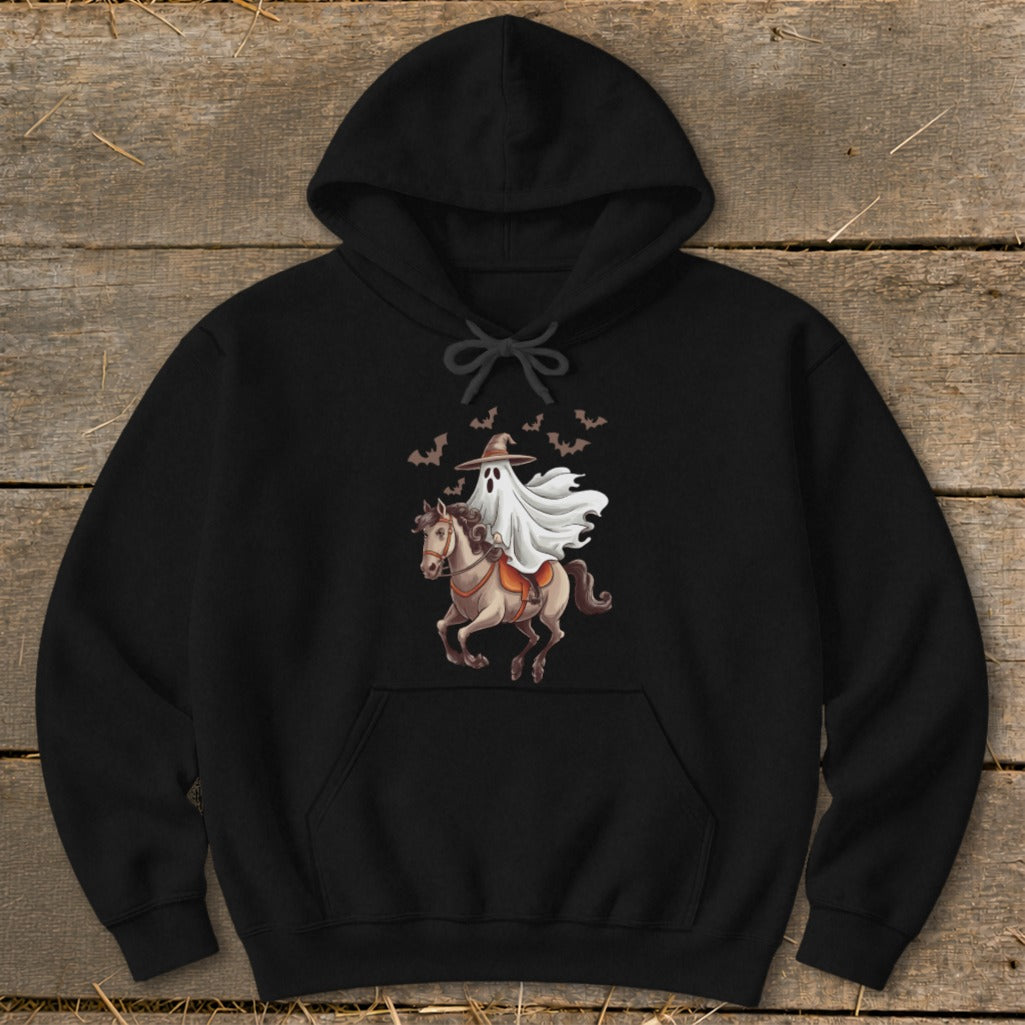 Ghost riding a horse with bats on a black hoodie.