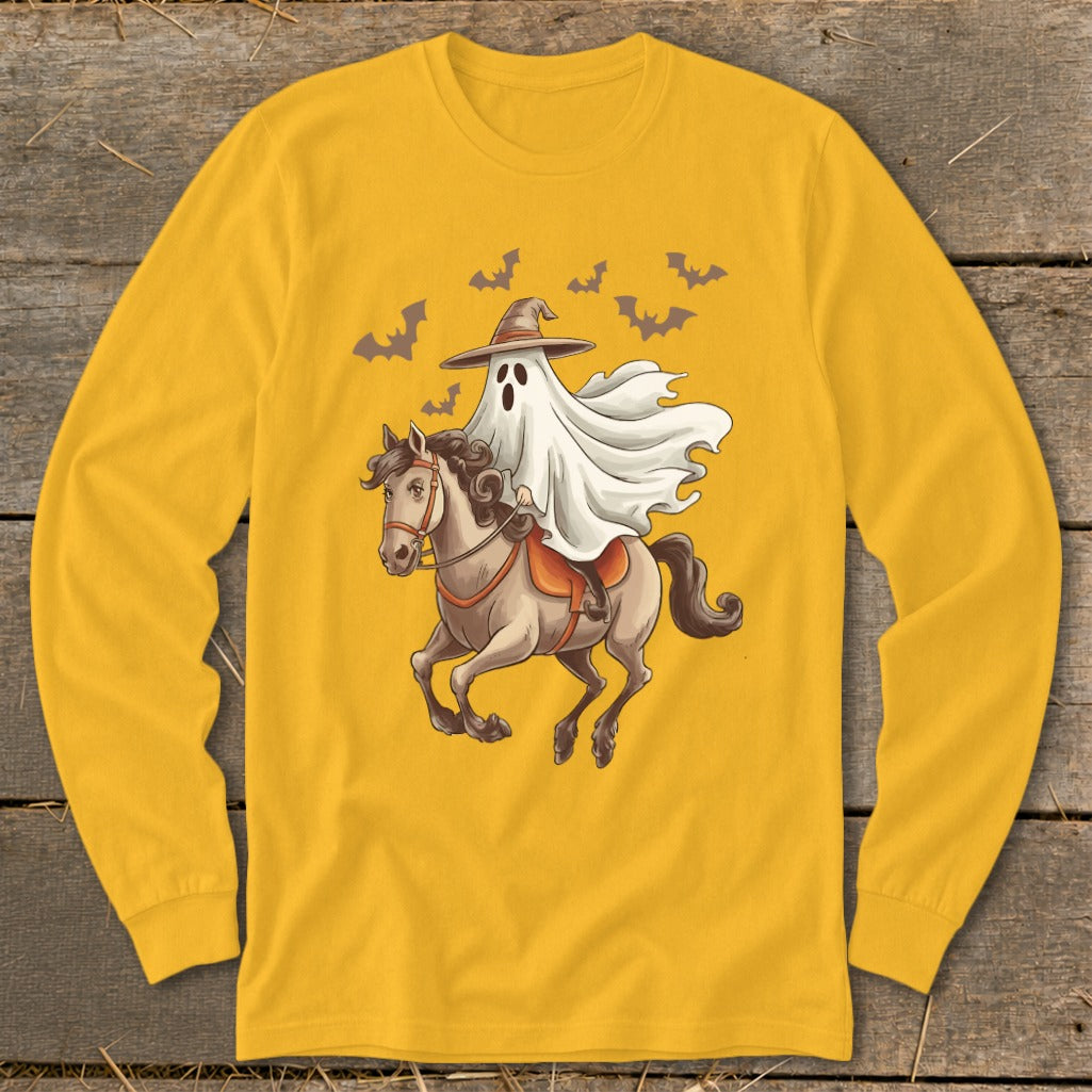 Ghost wearing a witch hat riding a horse with bats in the background.