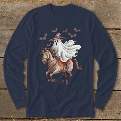 Ghost in witch hat riding a horse with bats flying around.