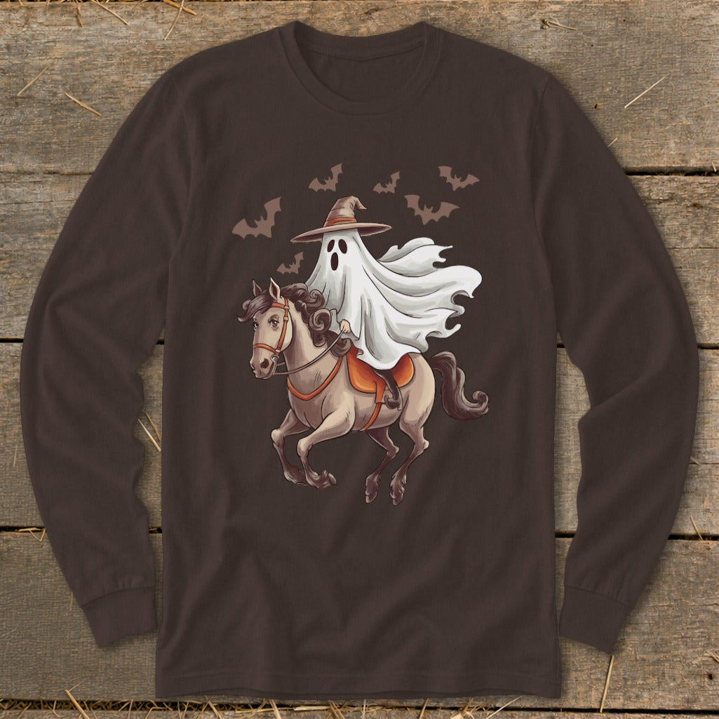Ghost in witch hat riding a horse with bats overhead.
