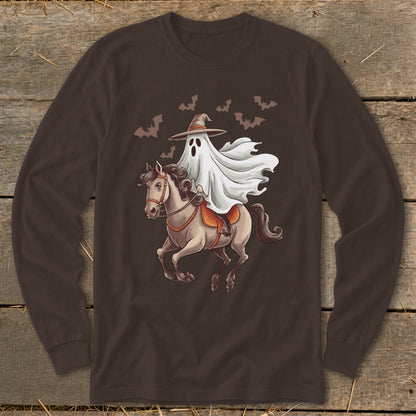 Ghost in witch hat riding a horse with bats overhead.