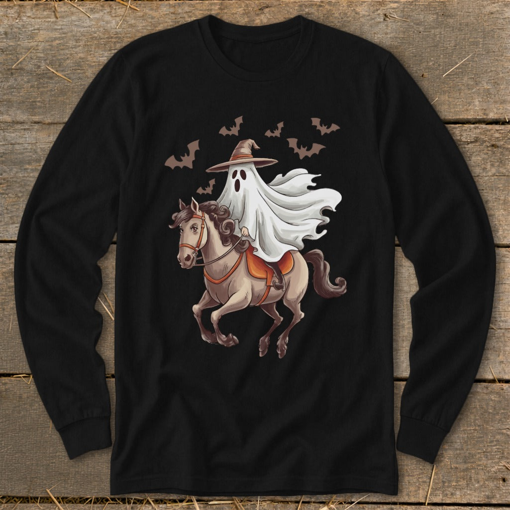 Ghost in witch hat rides horse with bats flying around.