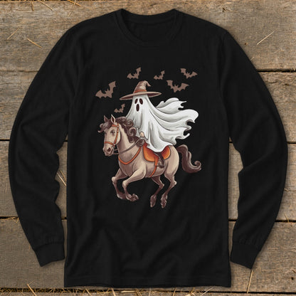 Ghost in witch hat rides horse with bats flying around.