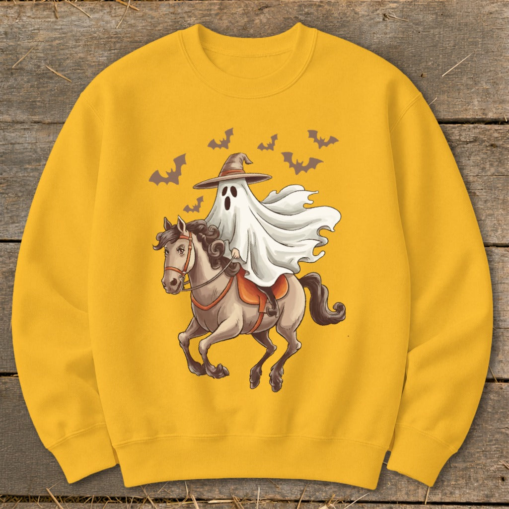 Yellow sweatshirt with ghost riding a horse under bats.
