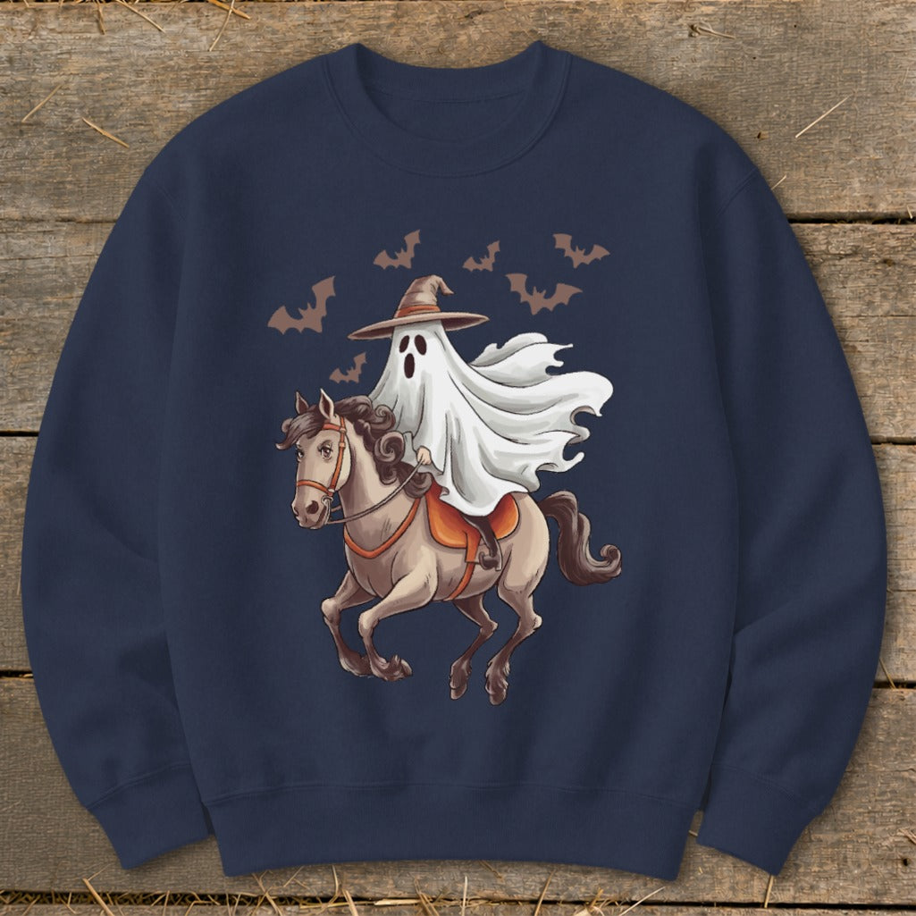 Ghost wearing a witch hat rides a horse with bats flying above.