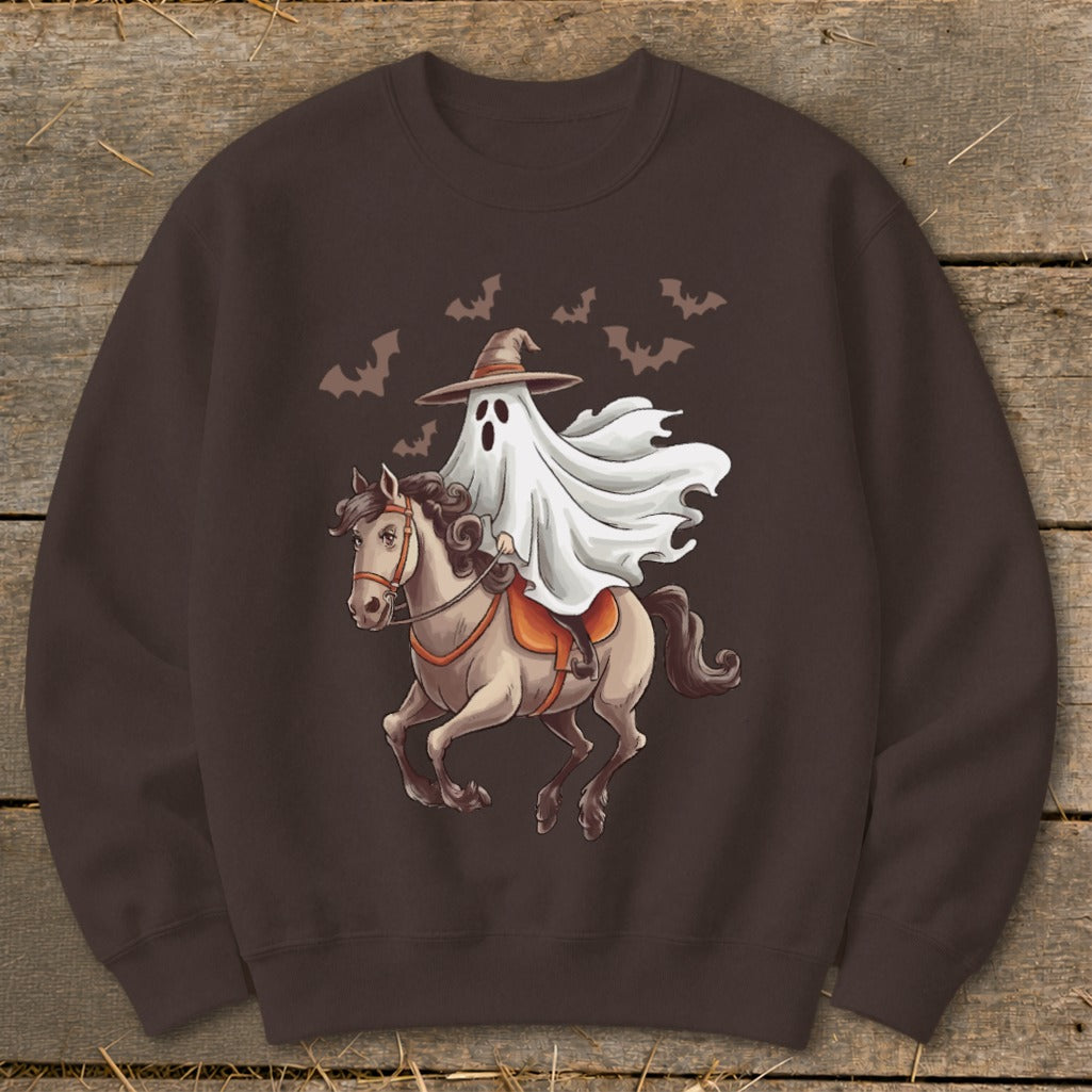 Ghost riding a horse with a witch's hat and bats in the background.