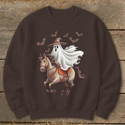 Ghost riding a horse with a witch's hat and bats in the background.