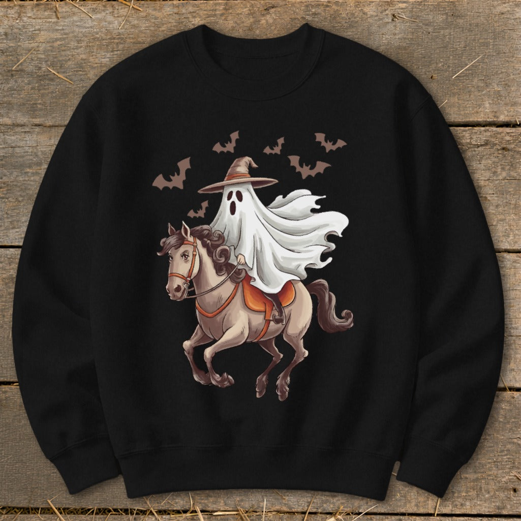 Ghost in witch hat rides horse with bats in background on black sweatshirt.