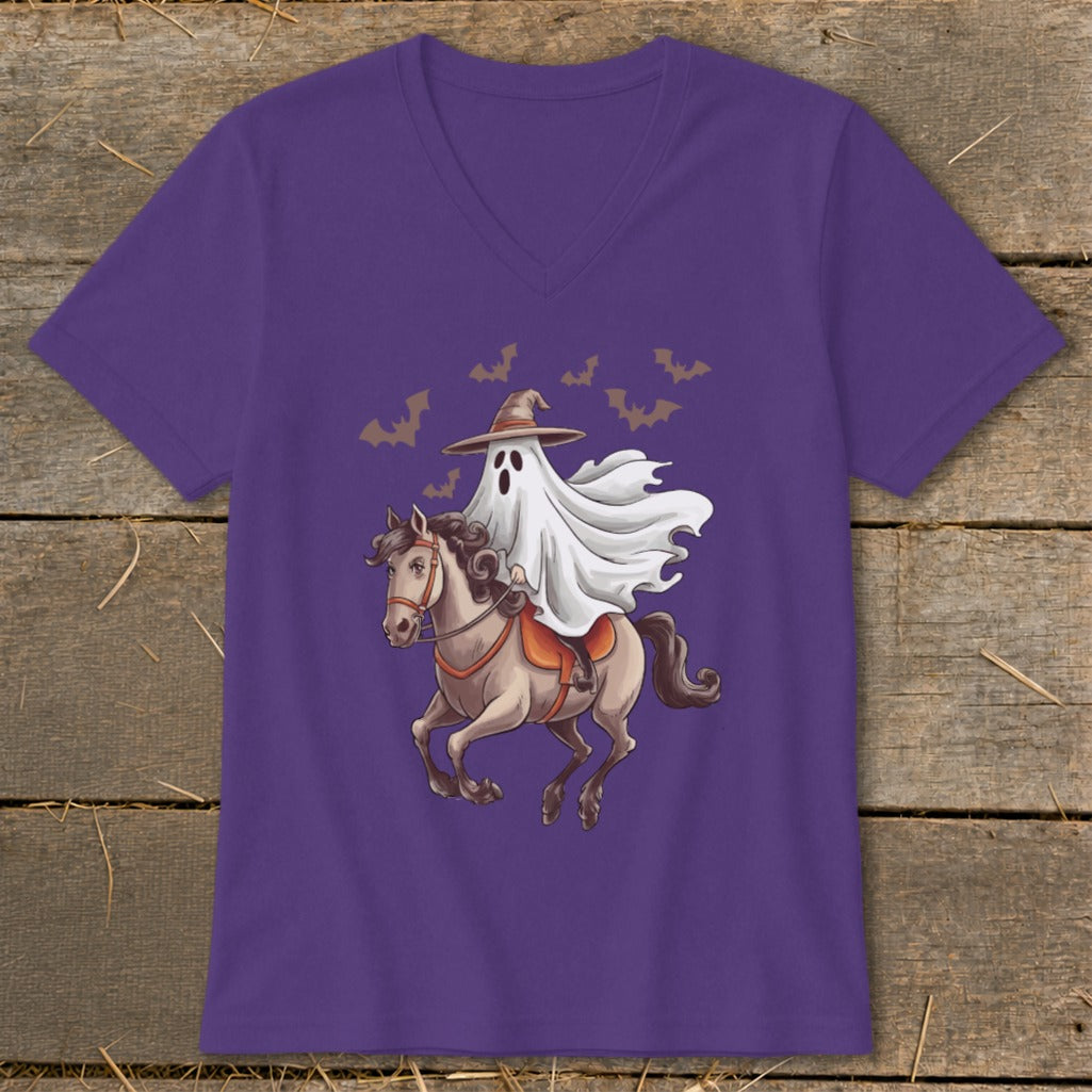 Ghost wearing hat riding a horse with bats in the background.
