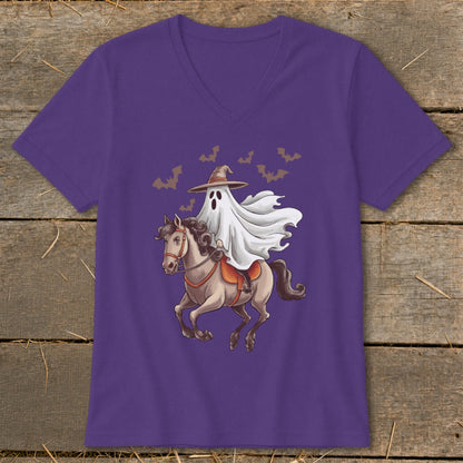 Ghost wearing hat riding a horse with bats in the background.