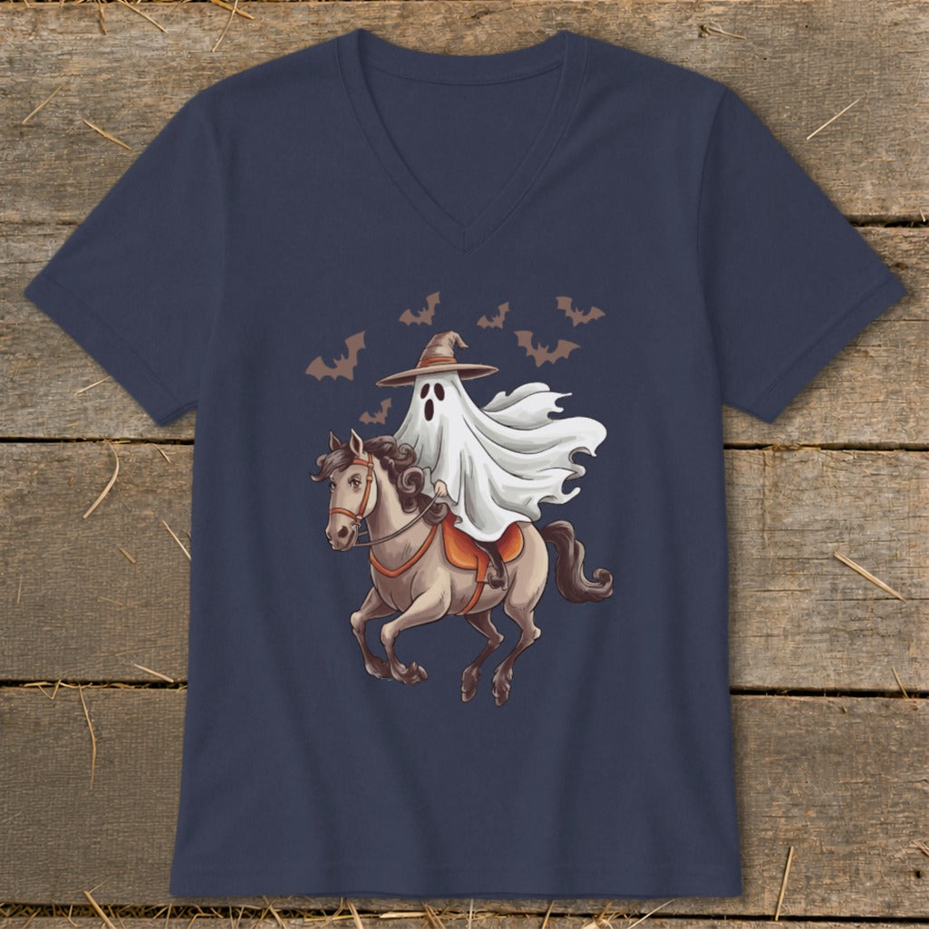 Ghost riding a horse with bats on a navy t-shirt.