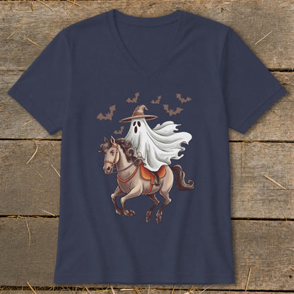 Ghost riding a horse with bats on a navy t-shirt.