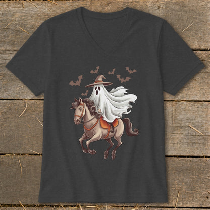 Ghost wearing a witch hat riding a horse with bats flying around.