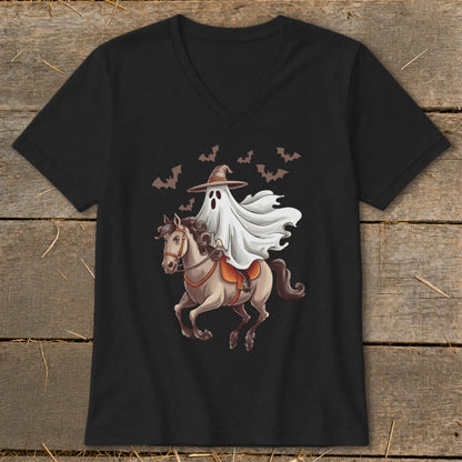Ghost on a horse with bats in the background.
