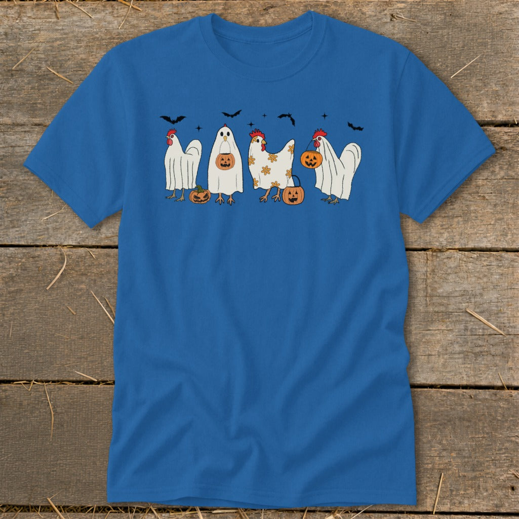 T-shirt with four chickens in ghost costumes and pumpkins, with bats.