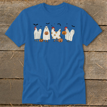 T-shirt with four chickens in ghost costumes and pumpkins, with bats.