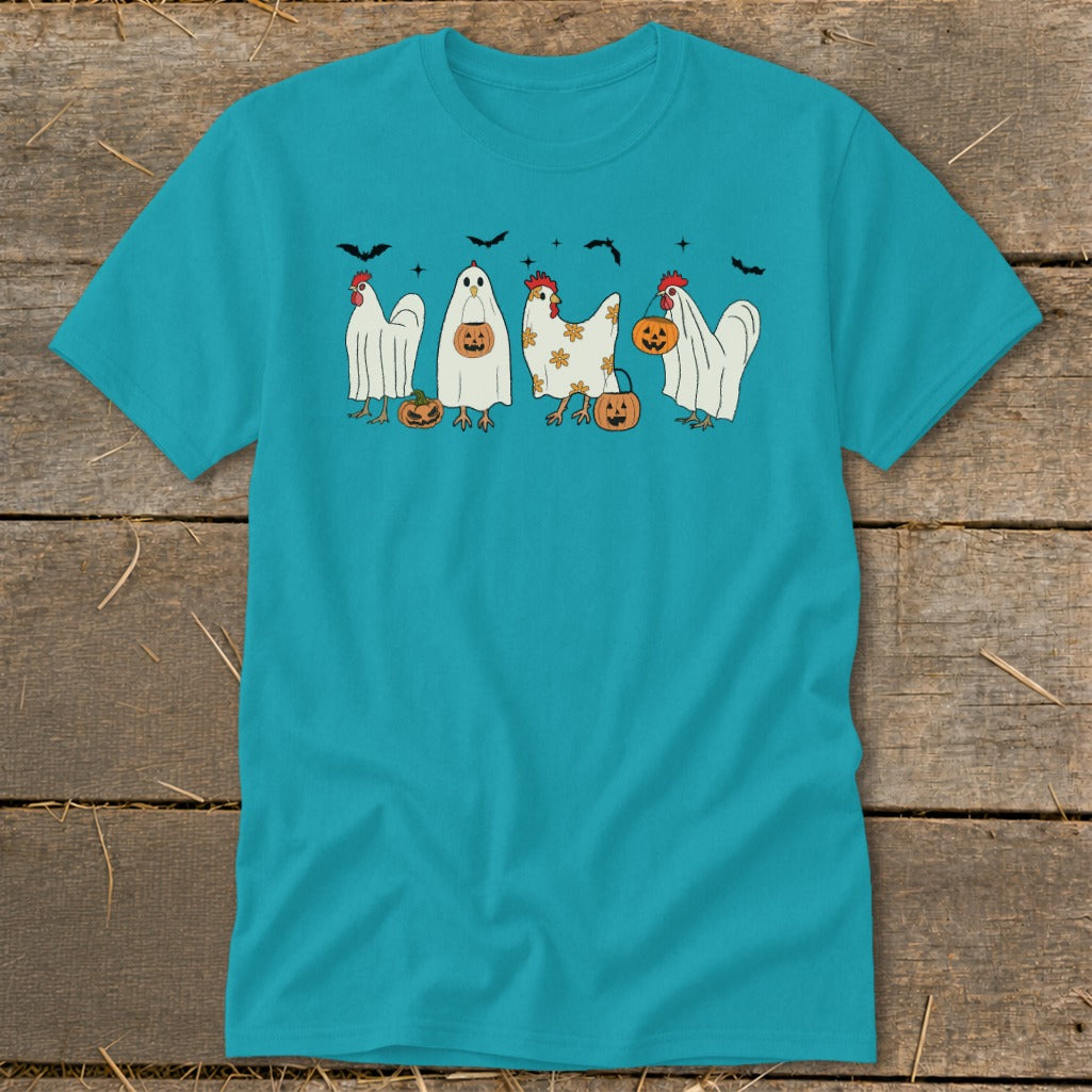 Turquoise t-shirt with four cartoon chickens dressed as ghosts for Halloween.