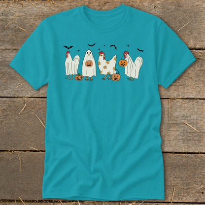 Turquoise t-shirt with four cartoon chickens dressed as ghosts for Halloween.
