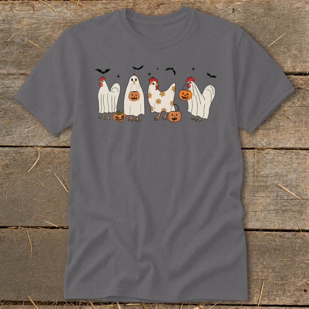 Four cartoon chickens, two in ghost costumes, celebrate Halloween with pumpkins and bats.