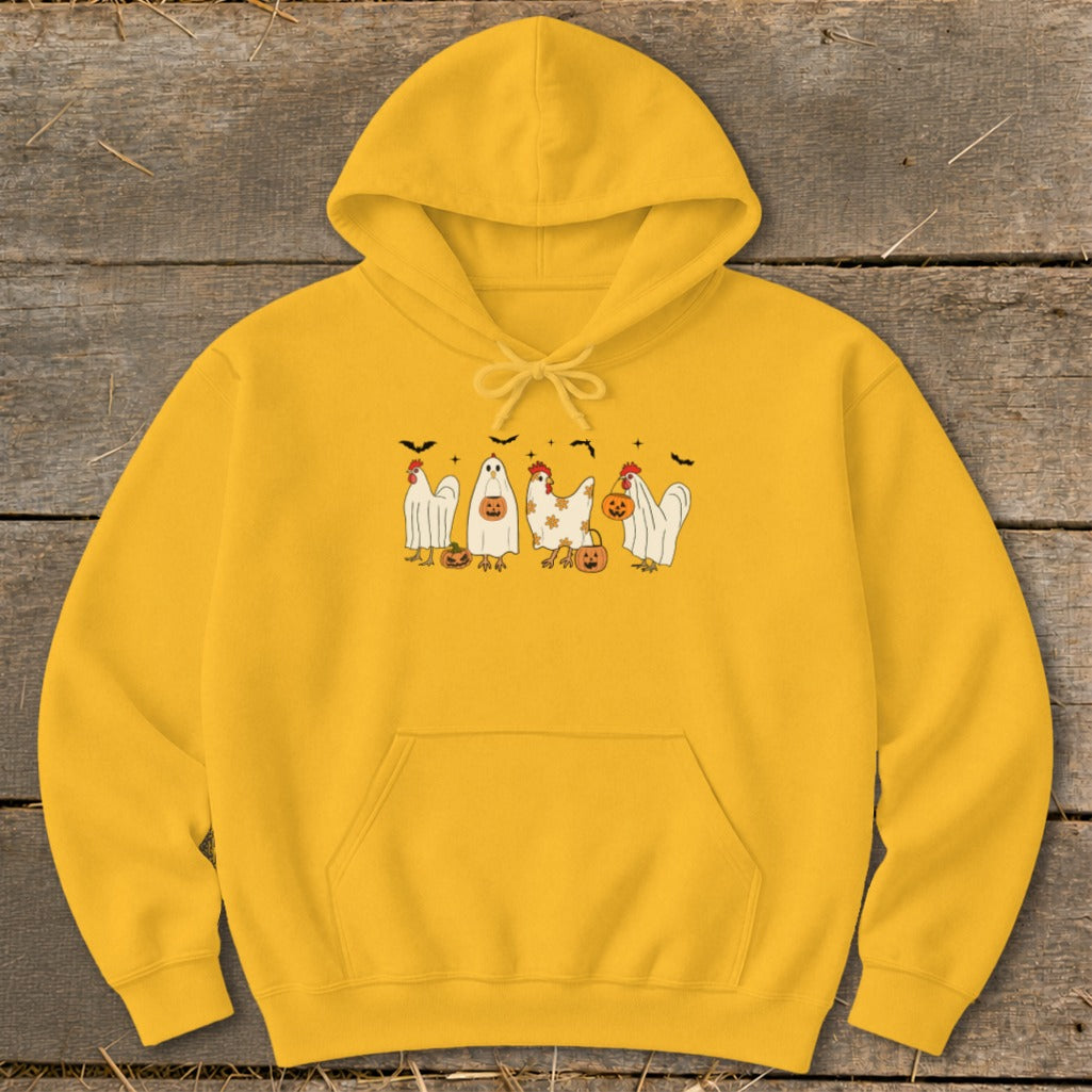 Yellow hoodie with a Halloween-themed graphic of chickens and ghosts.