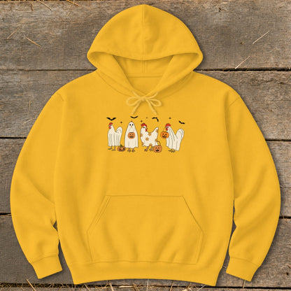 Yellow hoodie with a Halloween-themed graphic of chickens and ghosts.