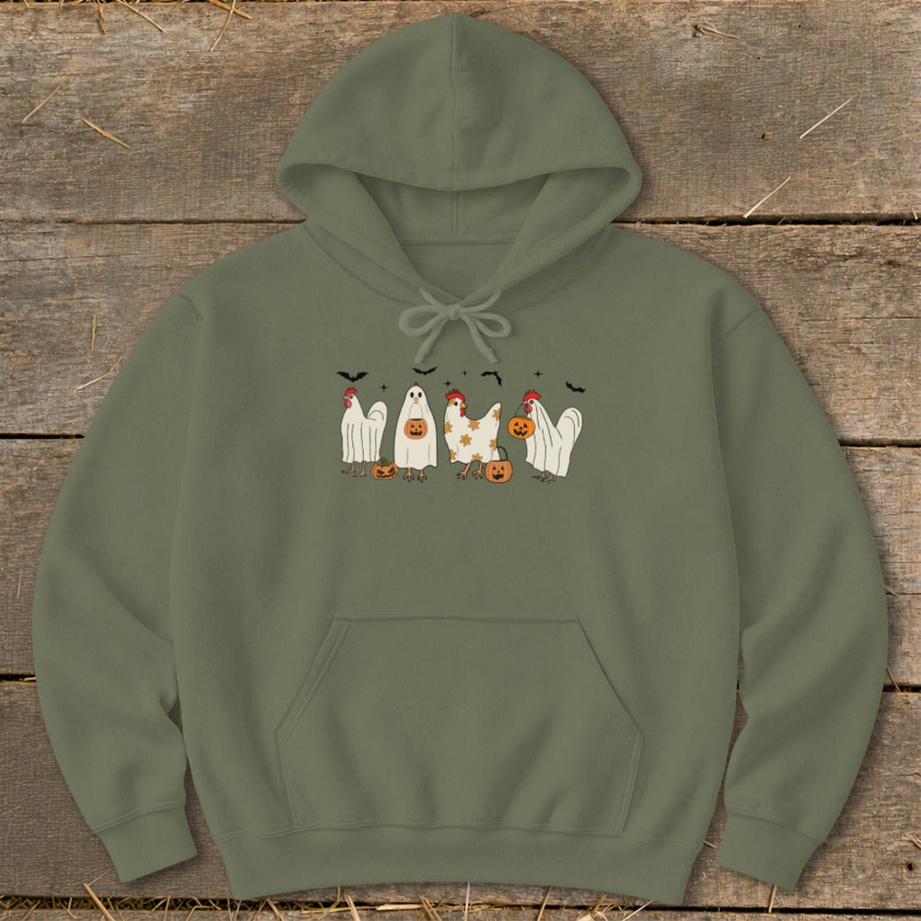 Green hoodie with cartoon chickens dressed as ghosts and pumpkins for Halloween.