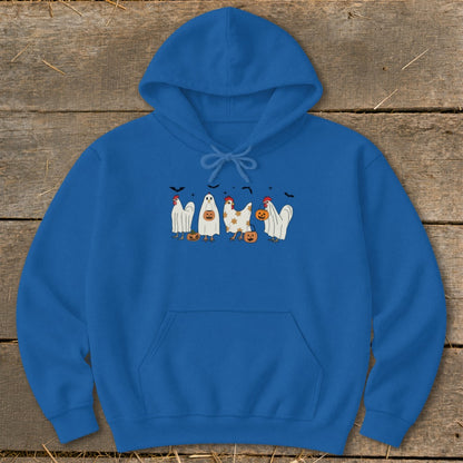 Blue hoodie with Halloween chickens dressed as ghosts holding pumpkins and bats.