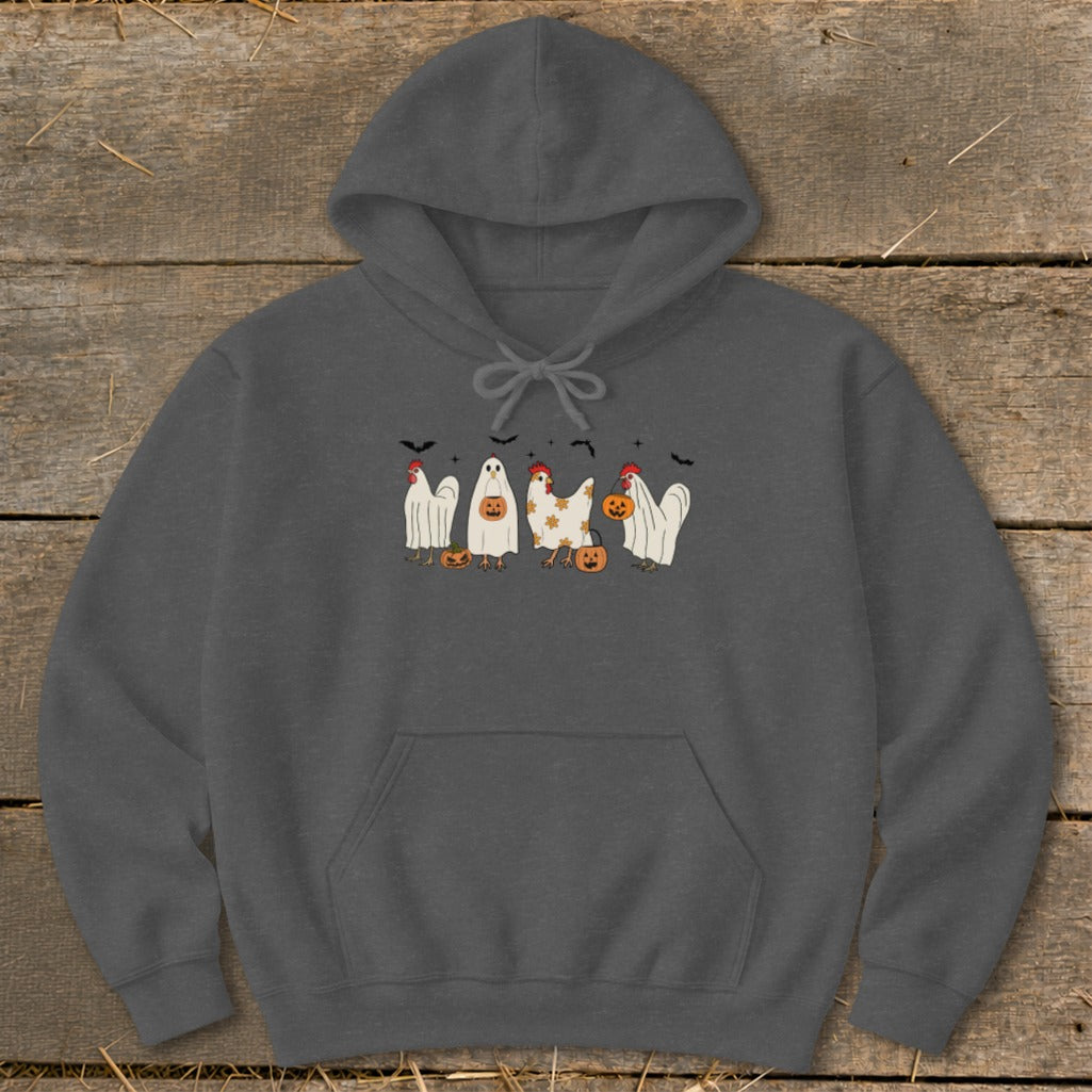 Dark grey hoodie with Halloween chickens dressed as ghosts and bats.