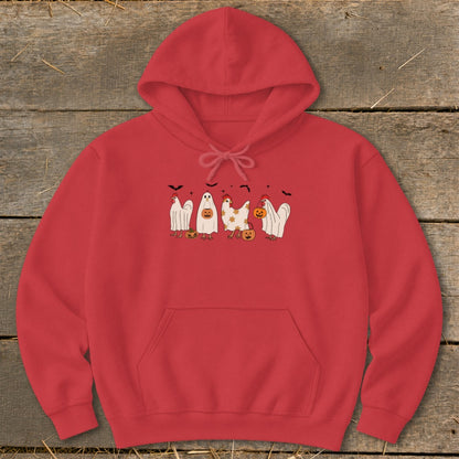 Red hoodie with Halloween-themed chickens and ghosts graphic and "MAMY" text.