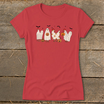 Red t-shirt with chickens dressed as ghosts and pumpkins for Halloween.