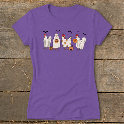 Purple t-shirt featuring chickens dressed as ghosts with pumpkins and bats.