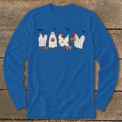 Blue long sleeve shirt with four chickens in Halloween costumes and pumpkins.