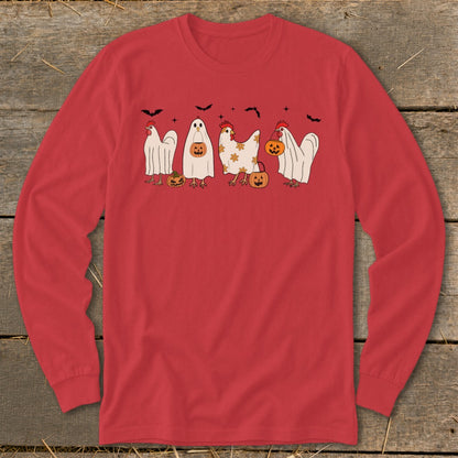 Red long-sleeve shirt with cartoon chickens in ghost costumes, pumpkins, and bats.