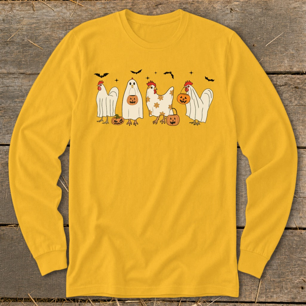 Long sleeve yellow shirt with Halloween chickens dressed as ghosts holding pumpkins.