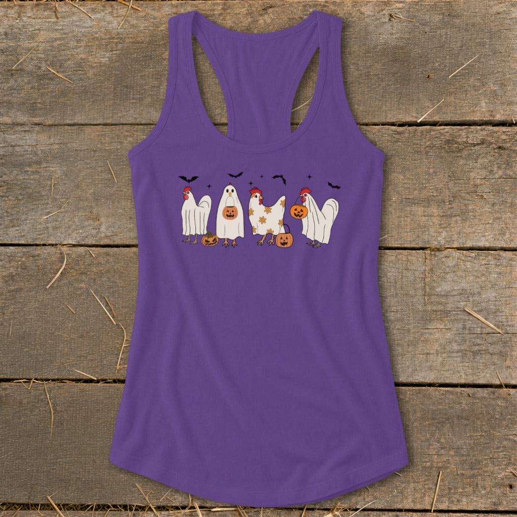 Purple tank top with Halloween chickens dressed as ghosts and pumpkins.