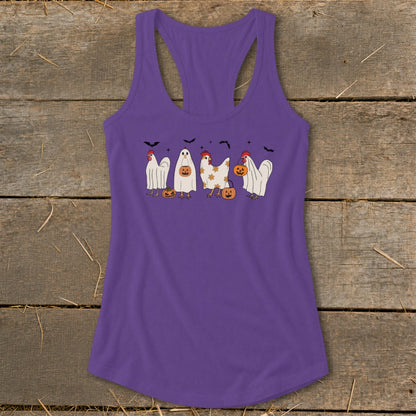 Purple tank top with Halloween chickens dressed as ghosts and pumpkins.