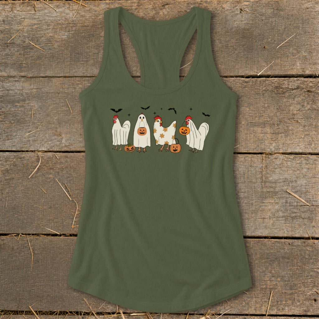 Olive green tank top with chickens in Halloween costumes.