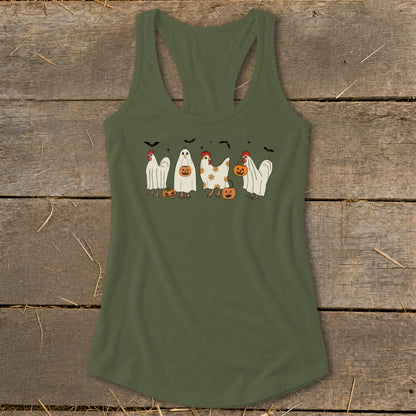 Olive green tank top with chickens in Halloween costumes.