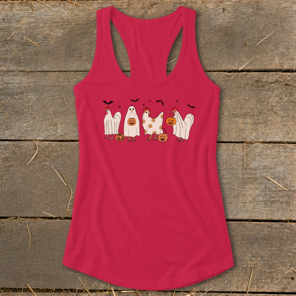 Pink tank top with a Halloween-themed graphic featuring "MAWM" in chickens dressed as ghosts and pumpkins.